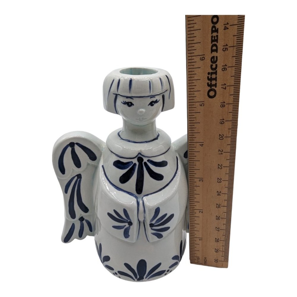 Vintage Blue & White Art Pottery Angel Taper Candle Holder Signed - Picture 9 of 9